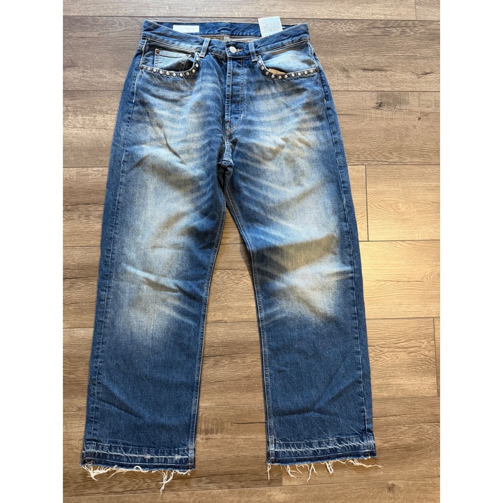 Zara Mens Studded Loose Fit Distressed Jeans Blue 31 Raw Hem Faded Denim